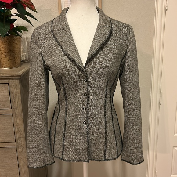 bebe | Black White Herringbone Wool Blend Blazer | Made in USA | 6 - Picture 3 of 12